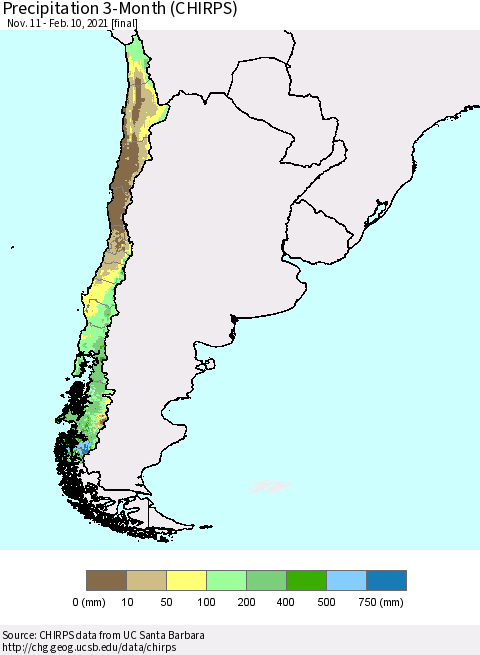 Chile Precipitation 3-Month (CHIRPS) Thematic Map For 11/11/2020 - 2/10/2021