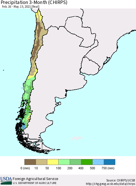Chile Precipitation 3-Month (CHIRPS) Thematic Map For 2/16/2021 - 5/15/2021