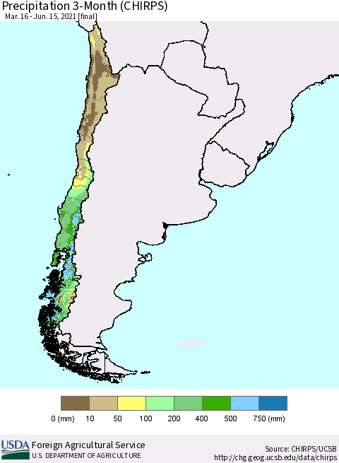 Chile Precipitation 3-Month (CHIRPS) Thematic Map For 3/16/2021 - 6/15/2021