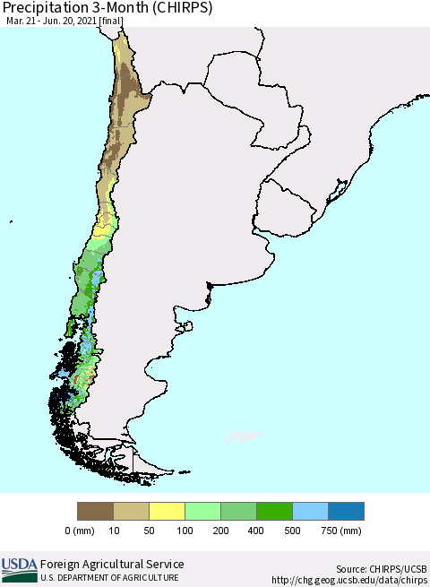 Chile Precipitation 3-Month (CHIRPS) Thematic Map For 3/21/2021 - 6/20/2021