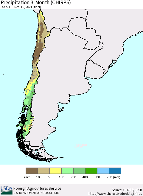 Chile Precipitation 3-Month (CHIRPS) Thematic Map For 9/11/2021 - 12/10/2021