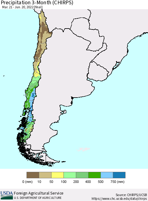 Chile Precipitation 3-Month (CHIRPS) Thematic Map For 3/21/2022 - 6/20/2022