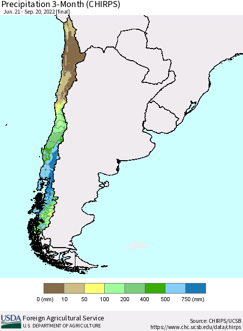 Chile Precipitation 3-Month (CHIRPS) Thematic Map For 6/21/2022 - 9/20/2022