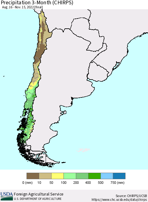 Chile Precipitation 3-Month (CHIRPS) Thematic Map For 8/16/2022 - 11/15/2022