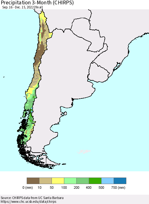 Chile Precipitation 3-Month (CHIRPS) Thematic Map For 9/16/2022 - 12/15/2022