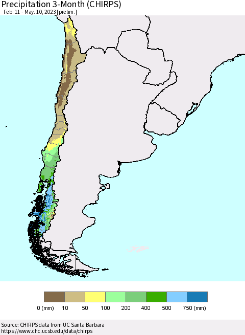 Chile Precipitation 3-Month (CHIRPS) Thematic Map For 2/11/2023 - 5/10/2023