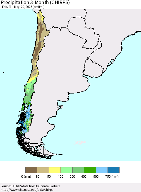 Chile Precipitation 3-Month (CHIRPS) Thematic Map For 2/21/2023 - 5/20/2023