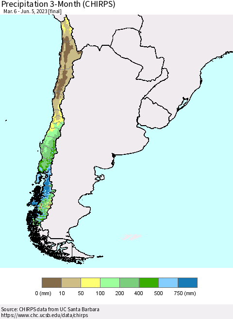 Chile Precipitation 3-Month (CHIRPS) Thematic Map For 3/6/2023 - 6/5/2023