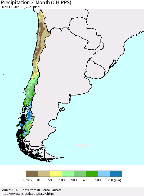 Chile Precipitation 3-Month (CHIRPS) Thematic Map For 3/11/2023 - 6/10/2023