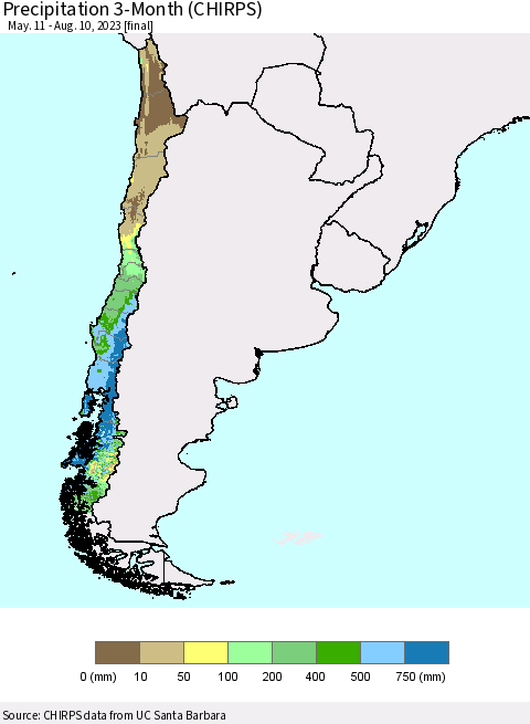 Chile Precipitation 3-Month (CHIRPS) Thematic Map For 5/11/2023 - 8/10/2023