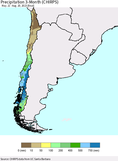 Chile Precipitation 3-Month (CHIRPS) Thematic Map For 5/21/2023 - 8/20/2023