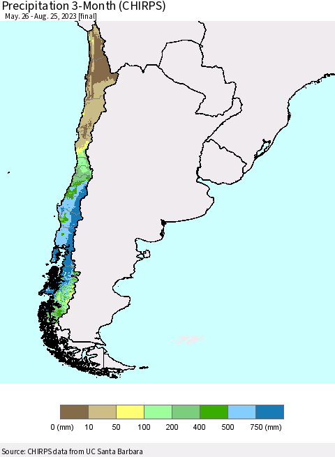 Chile Precipitation 3-Month (CHIRPS) Thematic Map For 5/26/2023 - 8/25/2023