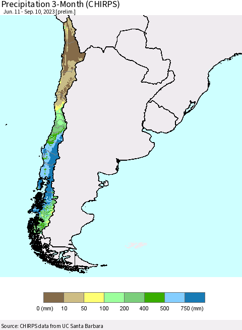 Chile Precipitation 3-Month (CHIRPS) Thematic Map For 6/11/2023 - 9/10/2023