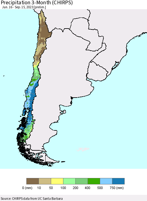 Chile Precipitation 3-Month (CHIRPS) Thematic Map For 6/16/2023 - 9/15/2023