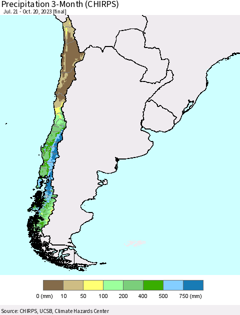 Chile Precipitation 3-Month (CHIRPS) Thematic Map For 7/21/2023 - 10/20/2023