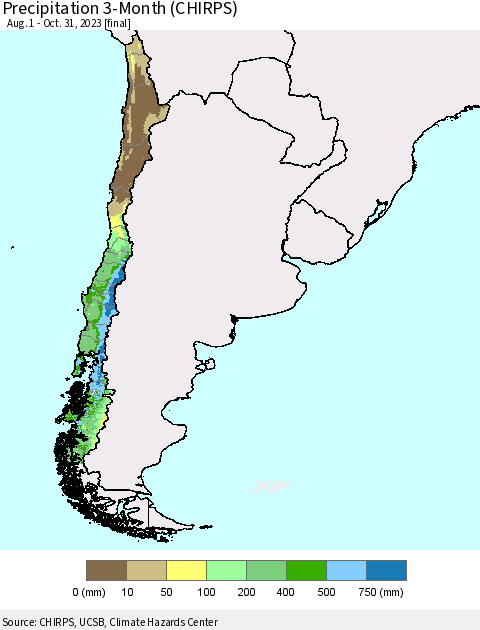 Chile Precipitation 3-Month (CHIRPS) Thematic Map For 8/1/2023 - 10/31/2023