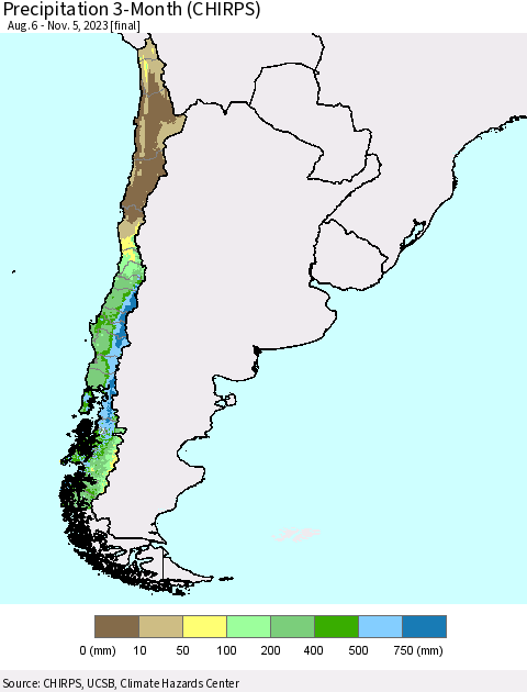 Chile Precipitation 3-Month (CHIRPS) Thematic Map For 8/6/2023 - 11/5/2023