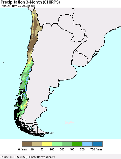 Chile Precipitation 3-Month (CHIRPS) Thematic Map For 8/26/2023 - 11/25/2023