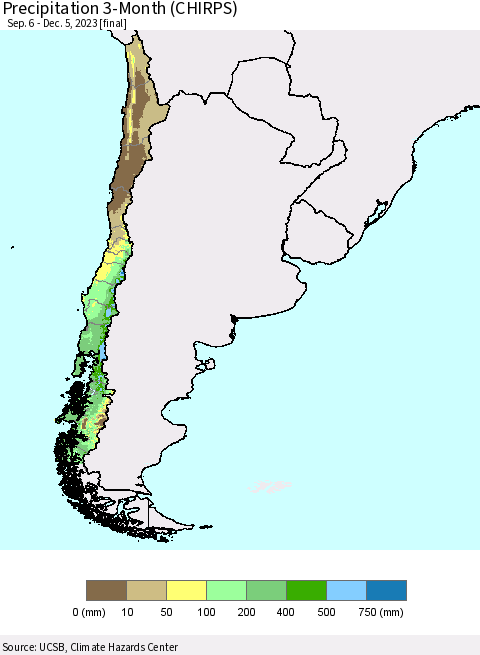 Chile Precipitation 3-Month (CHIRPS) Thematic Map For 9/6/2023 - 12/5/2023