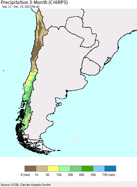 Chile Precipitation 3-Month (CHIRPS) Thematic Map For 9/11/2023 - 12/10/2023