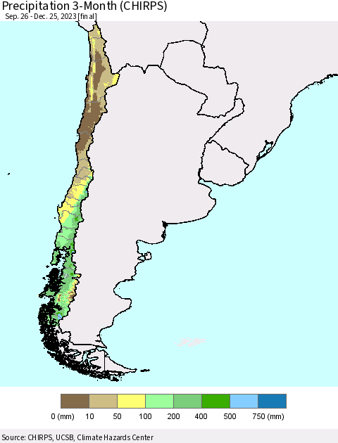 Chile Precipitation 3-Month (CHIRPS) Thematic Map For 9/26/2023 - 12/25/2023