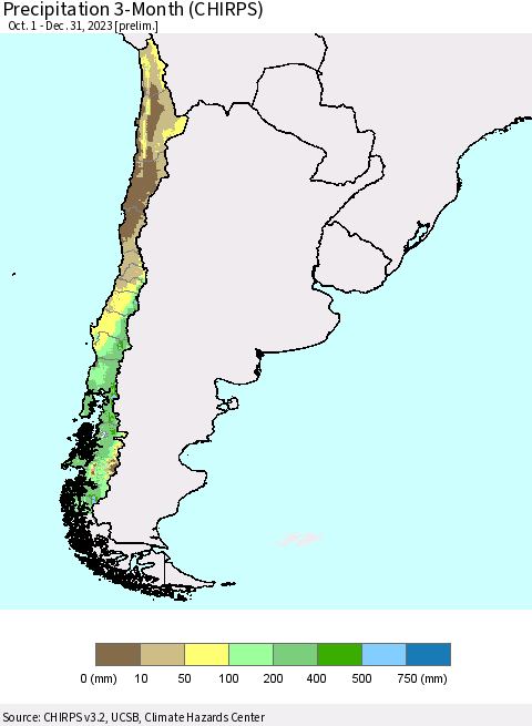 Chile Precipitation 3-Month (CHIRPS) Thematic Map For 10/1/2023 - 12/31/2023