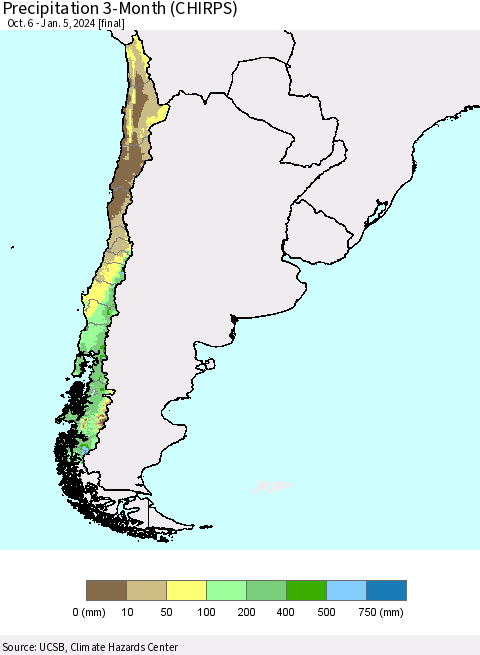 Chile Precipitation 3-Month (CHIRPS) Thematic Map For 10/6/2023 - 1/5/2024