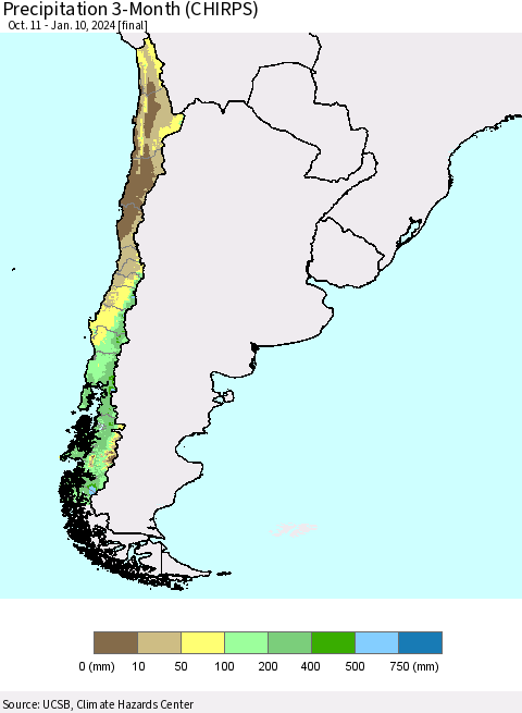 Chile Precipitation 3-Month (CHIRPS) Thematic Map For 10/11/2023 - 1/10/2024