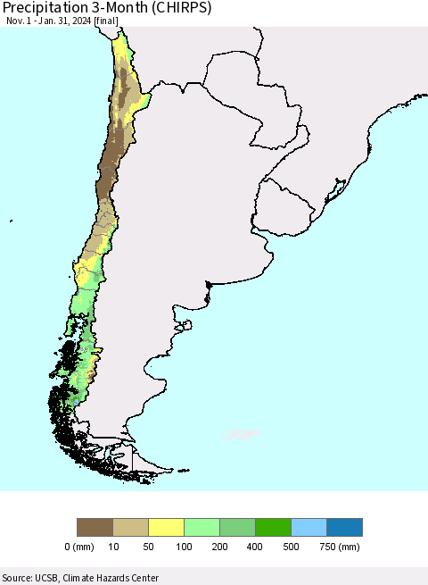 Chile Precipitation 3-Month (CHIRPS) Thematic Map For 11/1/2023 - 1/31/2024