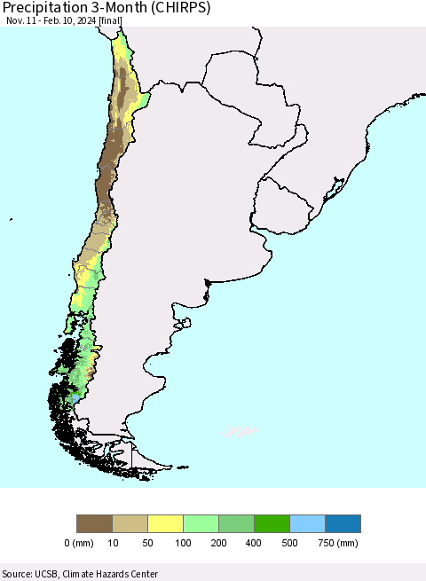 Chile Precipitation 3-Month (CHIRPS) Thematic Map For 11/11/2023 - 2/10/2024