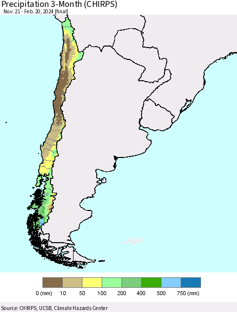 Chile Precipitation 3-Month (CHIRPS) Thematic Map For 11/21/2023 - 2/20/2024