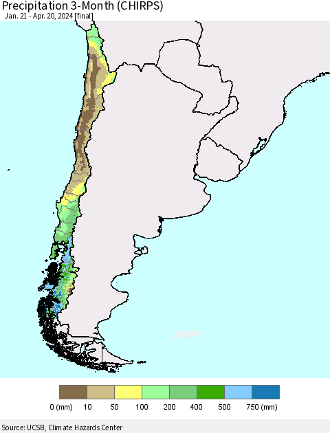 Chile Precipitation 3-Month (CHIRPS) Thematic Map For 1/21/2024 - 4/20/2024