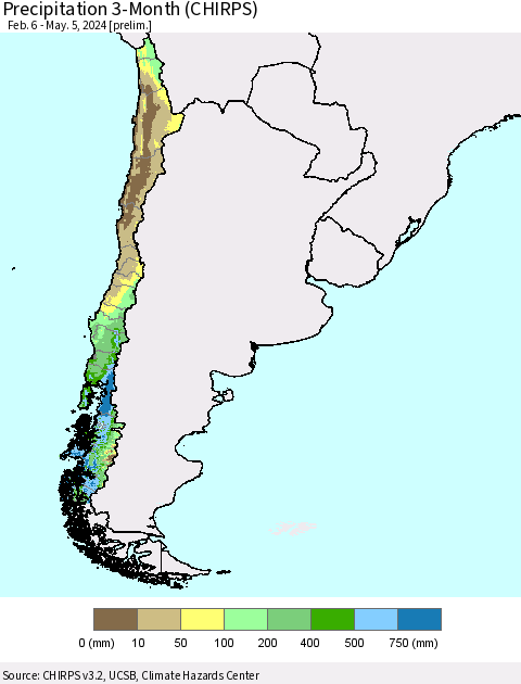 Chile Precipitation 3-Month (CHIRPS) Thematic Map For 2/6/2024 - 5/5/2024