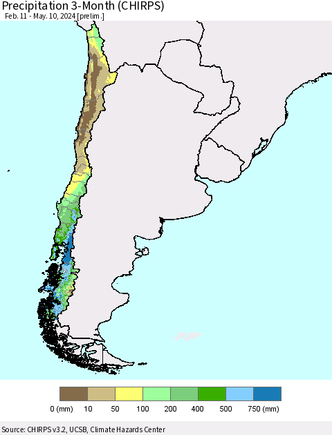 Chile Precipitation 3-Month (CHIRPS) Thematic Map For 2/11/2024 - 5/10/2024