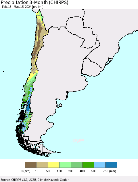 Chile Precipitation 3-Month (CHIRPS) Thematic Map For 2/16/2024 - 5/15/2024