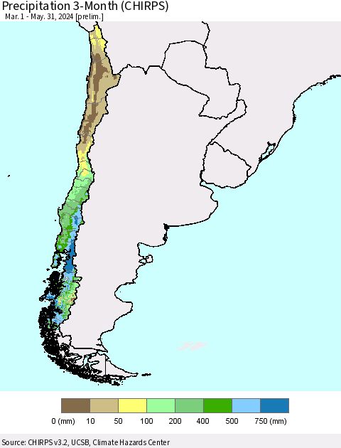 Chile Precipitation 3-Month (CHIRPS) Thematic Map For 3/1/2024 - 5/31/2024