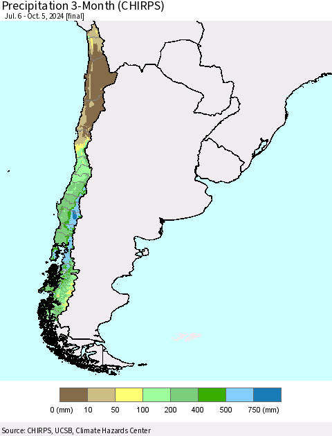 Chile Precipitation 3-Month (CHIRPS) Thematic Map For 7/6/2024 - 10/5/2024