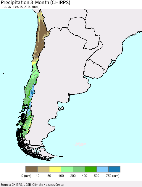 Chile Precipitation 3-Month (CHIRPS) Thematic Map For 7/26/2024 - 10/25/2024