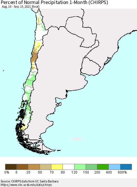 Chile Percent of Normal Precipitation 1-Month (CHIRPS) Thematic Map For 8/16/2021 - 9/15/2021