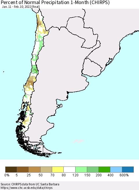 Chile Percent of Normal Precipitation 1-Month (CHIRPS) Thematic Map For 1/11/2022 - 2/10/2022