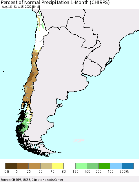 Chile Percent of Normal Precipitation 1-Month (CHIRPS) Thematic Map For 8/16/2022 - 9/15/2022