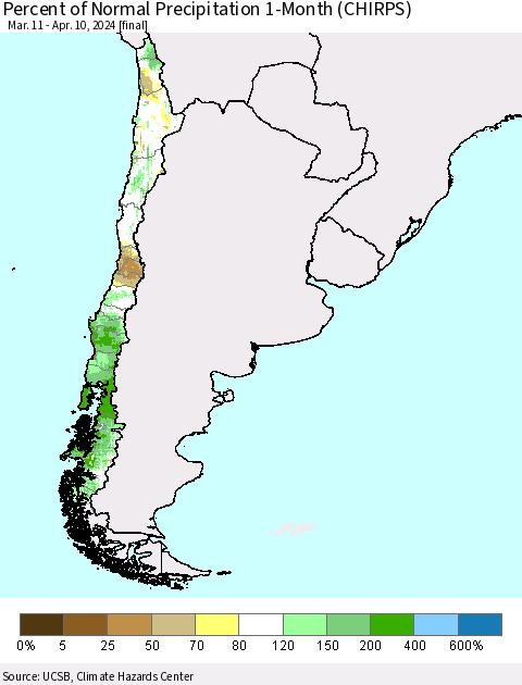 Chile Percent of Normal Precipitation 1-Month (CHIRPS) Thematic Map For 3/11/2024 - 4/10/2024