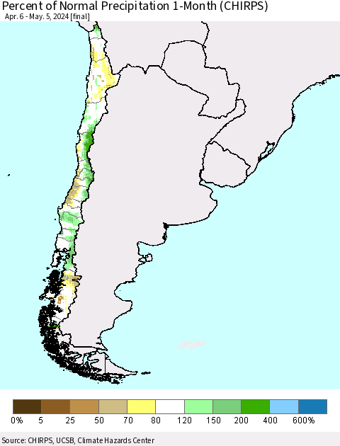 Chile Percent of Normal Precipitation 1-Month (CHIRPS) Thematic Map For 4/6/2024 - 5/5/2024