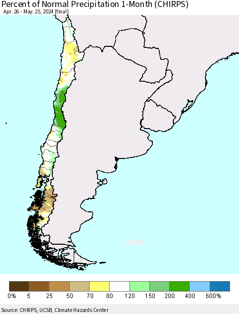 Chile Percent of Normal Precipitation 1-Month (CHIRPS) Thematic Map For 4/26/2024 - 5/25/2024