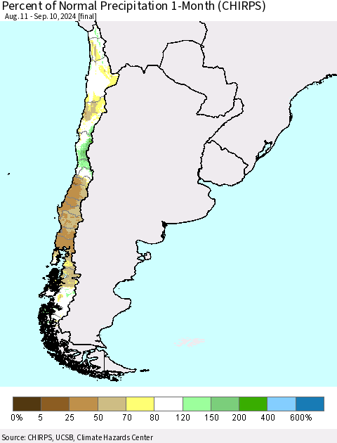 Chile Percent of Normal Precipitation 1-Month (CHIRPS) Thematic Map For 8/11/2024 - 9/10/2024