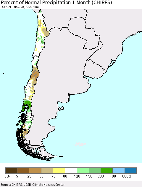 Chile Percent of Normal Precipitation 1-Month (CHIRPS) Thematic Map For 10/21/2024 - 11/20/2024