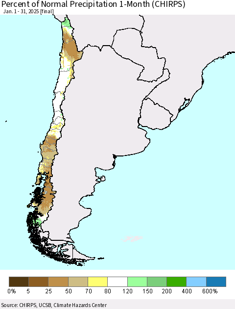 Chile Percent of Normal Precipitation 1-Month (CHIRPS) Thematic Map For 1/1/2025 - 1/31/2025