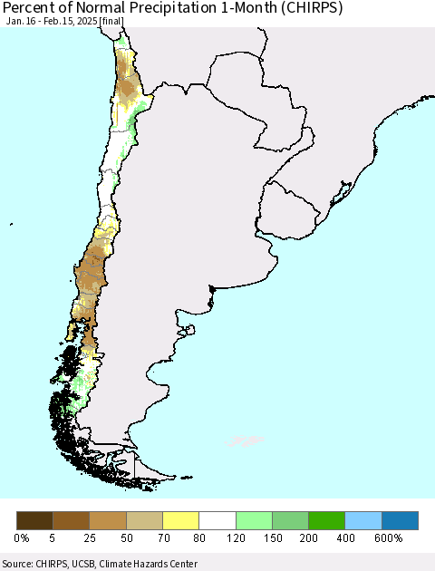 Chile Percent of Normal Precipitation 1-Month (CHIRPS) Thematic Map For 1/16/2025 - 2/15/2025