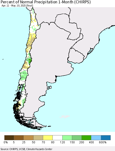 Chile Percent of Normal Precipitation 1-Month (CHIRPS) Thematic Map For 4/11/2025 - 5/10/2025