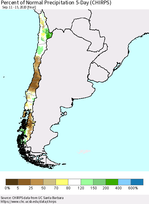 Chile Percent of Normal Precipitation 5-Day (CHIRPS) Thematic Map For 9/11/2020 - 9/15/2020